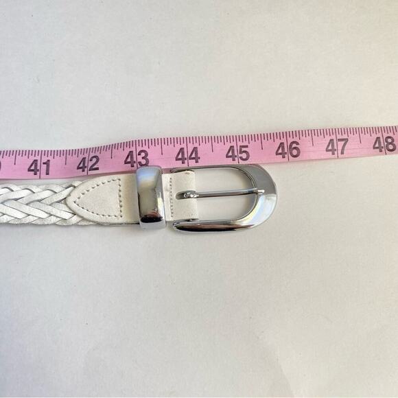 Vintage White Woven Leather Belt Braided Silver Tone Buckle Medium Large 90s Y2K